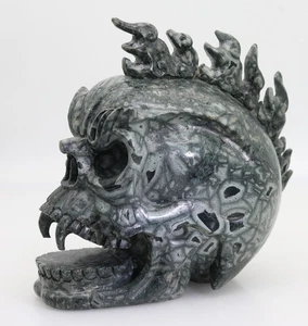gray black fish eye stone jade , carved flame skull crystal healing K256 - Picture 1 of 6