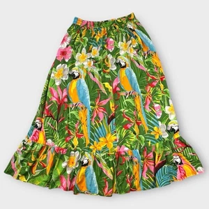 Maxi gonna donna a strati taglia M blu zingaro hawaiano pappagalli tropicali tasche rayon - Foto 1 di 12