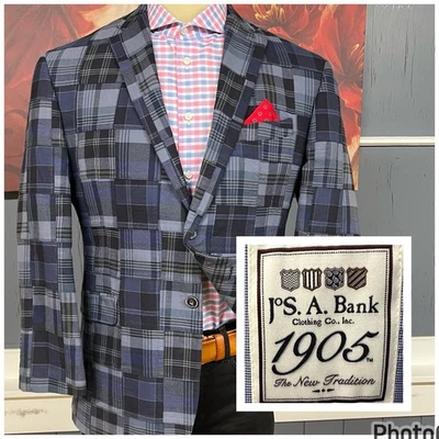 Chaqueta Blazer Jos A Bank Hombre 42S Corta A Medida Calce Ajustado Algodón Azul Marino/Negro Mixto Foto 1 de 4