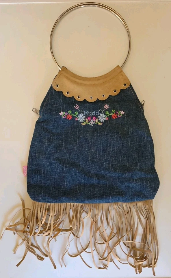 VTG Y2K Teen Tween Embroidered Denim Mudd Bagz Tassel Fringe Handbag Purse - Image 1 of 1