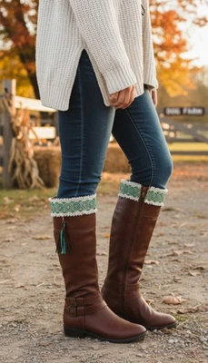 Mujeres Turquesa Azul Dorado Cuentas Bota Topper Blanco Encaje Par Marrón Flecos Borla Foto 1 de 4