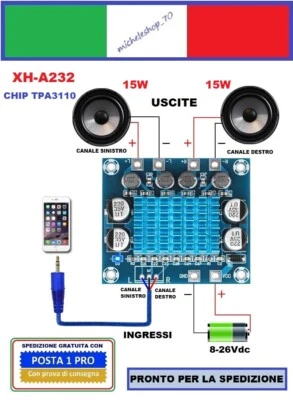 MINI AMPLIFICATORE DIGITALE 15 + 15W 8-26Vdc MODULO XH-A232 TPA3110 - Immagine 1 di 4