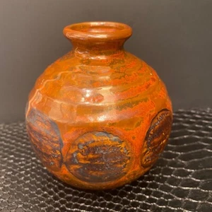 Vintage MOC Pottery 4" Tall Coppertone Squat Vase Art Deco Japan Geometric MCM - Bild 1 von 12