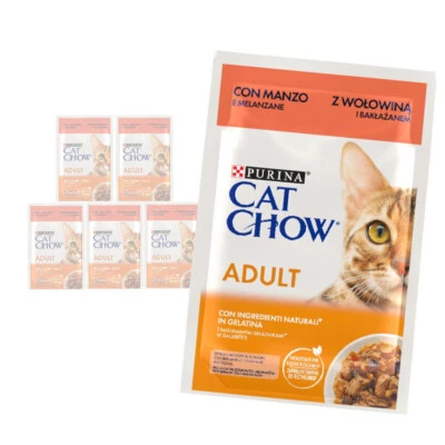 Purina Cat Chow Adult 6x85g Feuchtfutter für Katzen Rindfleisch Aubergine Gelee