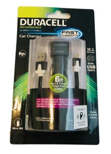 Duracell Car Charger 6 ft Sync & Charge Cord 3.1 Amp Dual USB Ports NEW - Picture 1 of 4