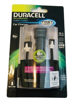 Duracell Car Charger 6 ft Sync & Charge Cord 3.1 Amp Dual USB Ports NEW - Image 1 of 4