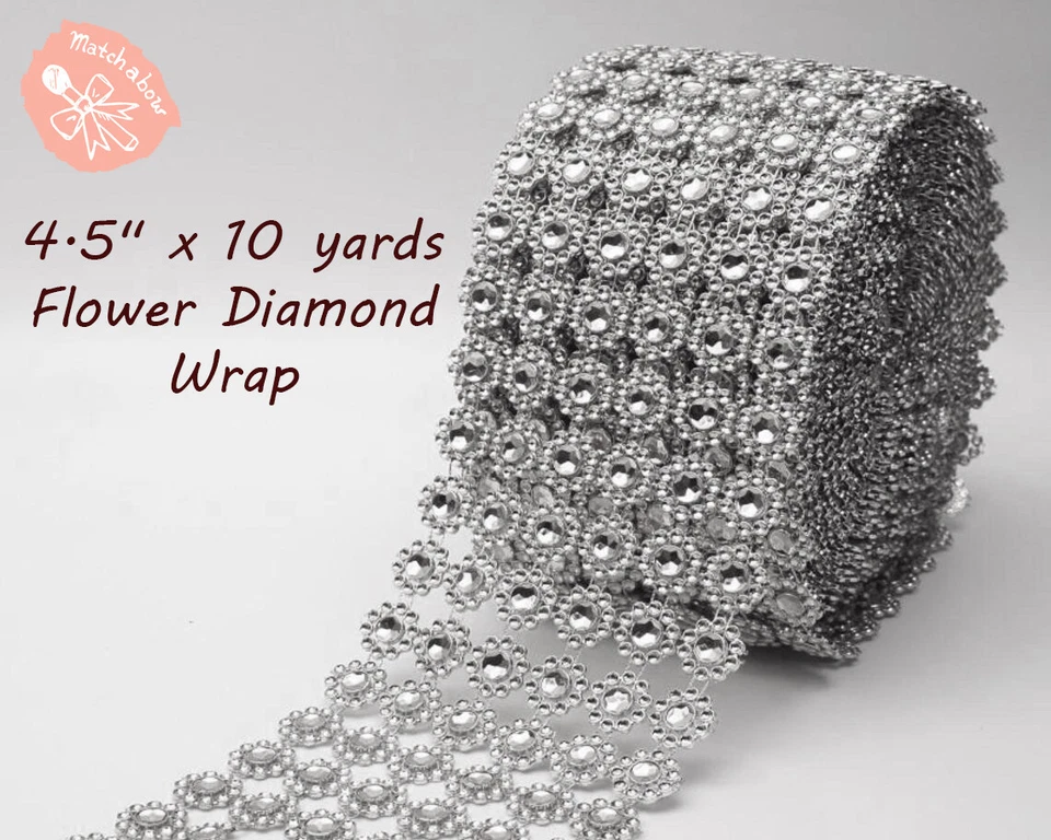 4,5" x 10 jardas prata FLOR DIAMANTE MALHA ENVOLTÓRIO ROLO FITA DE STRASS BLING! - Imagem 1 de 1