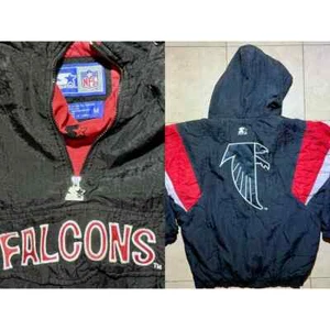 Atlanta Falcons 90s STARTER puffer jacket 1/2 zip M black red NFL Pro Line vtg - Picture 1 of 11