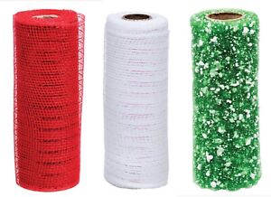 Lot 3 Rolls CHRISTMAS  Deco Mesh IN  SNOWBALL Green, RED AND IRRIDENCET WHITE 