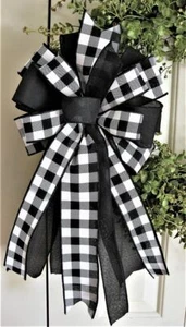 BUFFALO CHECK FARMHOUSE BOW WIRED RIBBON WREATH LANTERN # 21 - Picture 1 of 3