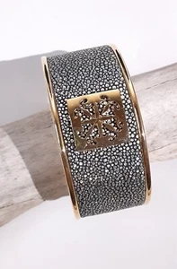 Rustic Cuff Gold Tone Logo Metallic Genuine Stingray Leather Cuff Bracelet - Picture 1 of 6