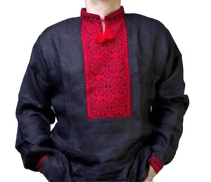 VYSHYVANKA mens Black Red Ukraine Embroidery Linen SHIRT S-4XL GIFT FOR HIM - Picture 1 of 6