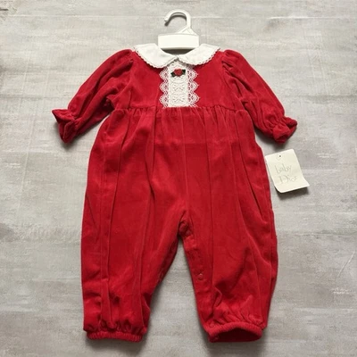 NWT Vintage 80s 90s Baby Dior Red Velvet Lace Romper 6-9 Months NOS Brand New! - Image 1 of 4