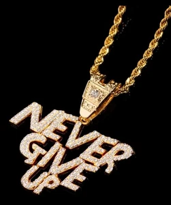 Gold “NEVER GIVE UP” Pendant Necklace – Alloy & Resin | Rhinestone Chain - Picture 1 of 3