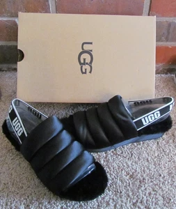 New UGG Slipper Slides Size 8 Puff Yeah Black Satin Sheepskin Slingback Shoes - Picture 1 of 9