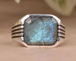 Men's Blue Labradorite Signet Ring 925 Sterling Silver Promise Birthday Gifts - Picture 1 of 25