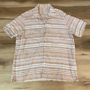 Tasso Elba Shirt Mens XL 100% Linen Camp Brown Striped Short Sleeve Beach - Picture 1 of 9