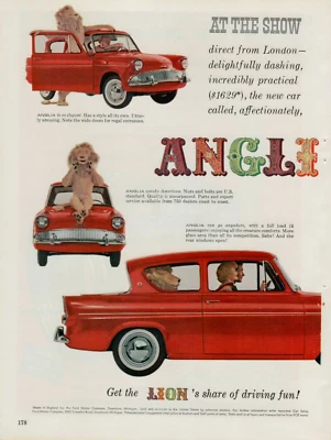 1960 English Ford Anglia Red 4 Passenger Sedan Lion 40 mpg 2pg Vintage Print Ad - Image 1 of 2