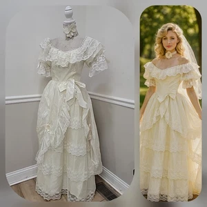 Vintage cremeweiß Organza Spitze Lagenlook Brautkleid Southern Belle Stil Puffärmel - Bild 1 von 9