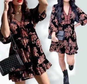 ZARA MINI DRESS TUNIC A-LINE VELVET SHEER BLACK FLORAL PAISLEY LARGE - Picture 1 of 8