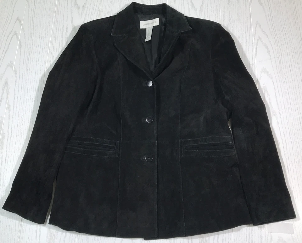 Chaqueta Liz Claiborne Cuero Gamuza Negra Mujer L Blazer Forrado Bolsillos 3 Botones Foto 1 de 4