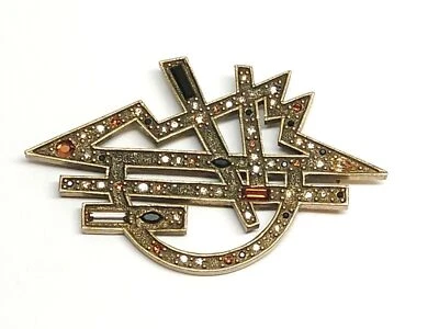 Vintage Patricia Locke PIN BROOCH Antiqued Gold Tweed Flax Swarovski Crystals - Image 1 of 4