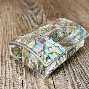 Vintage Abalone Shell Footed Jewelry Trinket Box Alpaca Mexico Hinged Lid - Picture 1 of 6