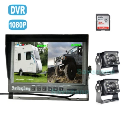 9" IPS Split Monitor+2 x 4Pin AHD 1080P Front Car Rear View Reversing Camera DVR - Image 1 of 4