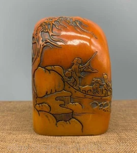 2.8" Old Chinese Tianhuang Shoushan Stone Carving Tree People Seal Stamp Signet - Picture 1 of 9