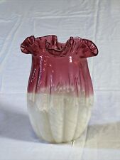 VTG Fenton Vase White Spatter with Cranberry Glass and Ruffled Edges 8” Tall
