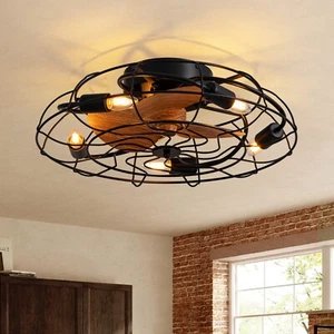 22" Rustic Caged Ceiling Fan Light Farmhouse Flush Mount Ceiling Fan With Remote - Picture 1 of 15