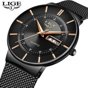 Herren Armbanduhr Mesh mit Datum dünn schlank stylische Sportuhr schwarz - Bild 1 von 18