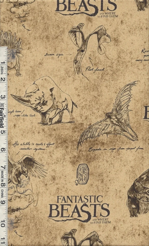 Tan Harry Potter Wizarding World Fantastic Beasts Logo & Creatures bty - Image 1 of 1