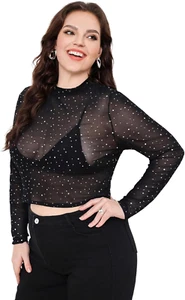 Women'S plus Size Sheer Mesh See through Mock Neck Rhinestone Crop Top - Picture 1 of 5