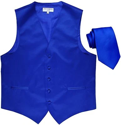 New Polyester Formal Men's Tuxedo Vest Waistcoat & tie Solid Royal blue wedding - Image 1 of 4