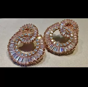 18k Rose Gold Filled Hoop Earrings made w Swarovski Crystal Baguette Gorgeous - Picture 1 of 13