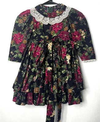 Vintage Christmas Red/Green Poinsettia Floral Girl Dress 3T Toddler Handmade - Image 1 of 4