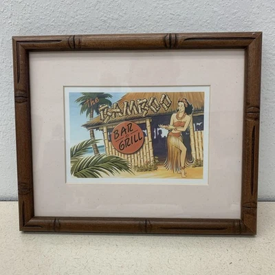 "Letrero de barra de bambú vintage Tiki Bar palmeras niña Hula Hawaii playa miel 11""x9""" Foto 1 de 3