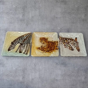 Safari African Zebra Cheetah Giraffe Fused Glass Tray Dish Embossed Painted Lot - Picture 1 of 8