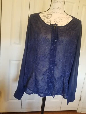 Blusa grama limão XL azul transparente com botão bordado floral longo Slv em excelente estado usado - Imagem 1 de 4