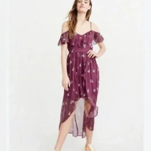 Vestido Abercrombie Fitch Escote Corazón Alto Bajo Midi Púrpura Floral Talla XS - Imagen 1 de 10