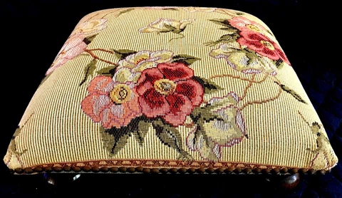 French Pink Rose Needlepoint Low Footstool. 14 1/2” Square.Round 2 1/4”legs. VTG Cover