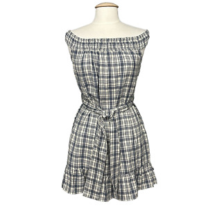 Urban Outfitters Women Dress Large Blue Cotton Plaid Smocked Classic Preppy Mini