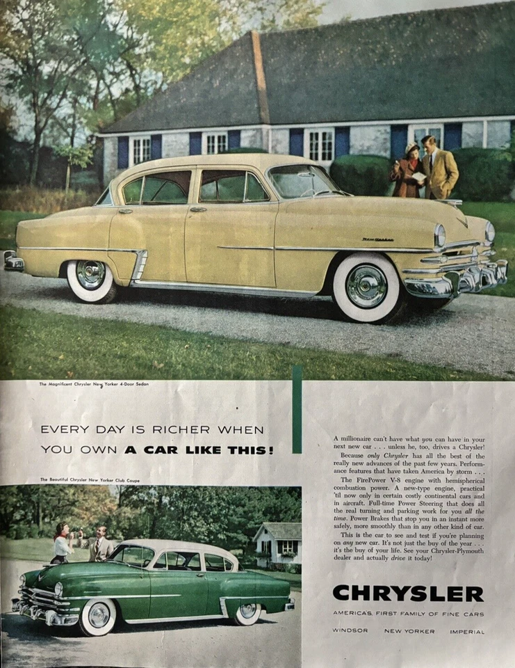 1953 Chrysler New Yorker 4 Door Sedan Club Coupe Automobiles Vintage Print Ad - Image 1 of 1