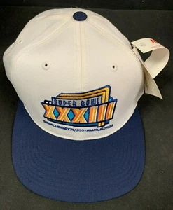 SUPER BOWL XXXIII BRONCOS VS FALCONS MARINEBLAU/WEISS DRUCKKNOPFLASCHE MÜTZE MIT ETIKETT 2921 - Bild 1 von 3