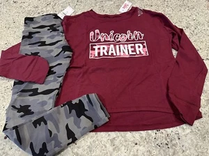 Justice Girls Unicorn Trainer Long Sleeve Shirt & Camouflage Legging Set Sz 8 - Picture 1 of 4