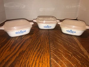 3 Corning Ware Blue Cornflower Petite Pans W/Plastic Lids P-41 - Picture 1 of 5