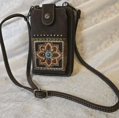 Montana West Brown Studded Embroidered Southwestern Phone Holder Crossbody... - Image 1 of 4