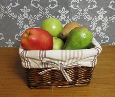 Brown Wicker Basket with Liner and Faux Fruit - Apples and Pears - Image 1 of 4