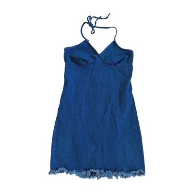 VTG! Y2K Xhilaration Stretch Denim Halter Fringe Mini Dress Women M Chic retro - Image 1 of 4